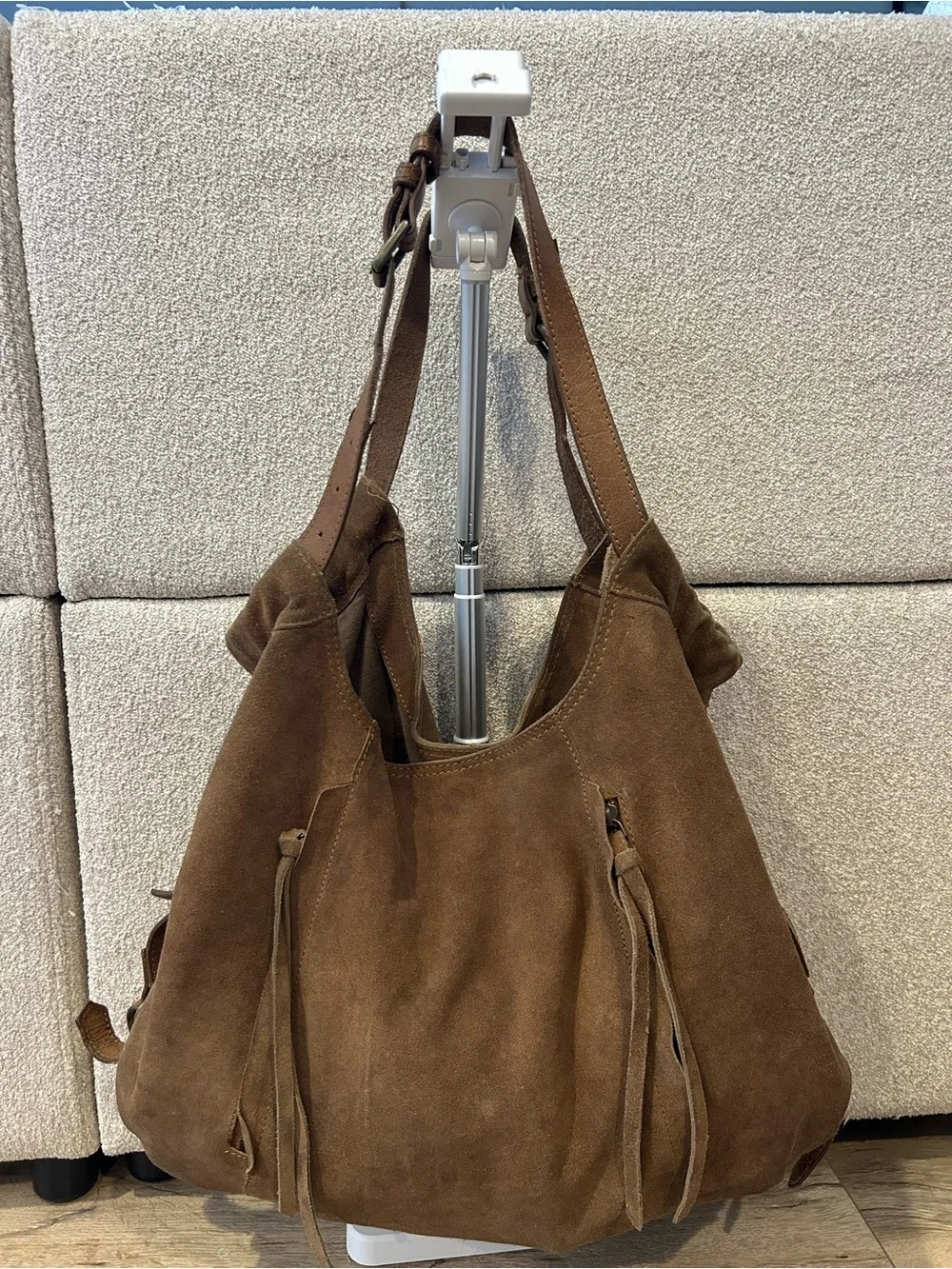 BDG Brown Suede Hobo Bag with Tassel Zips